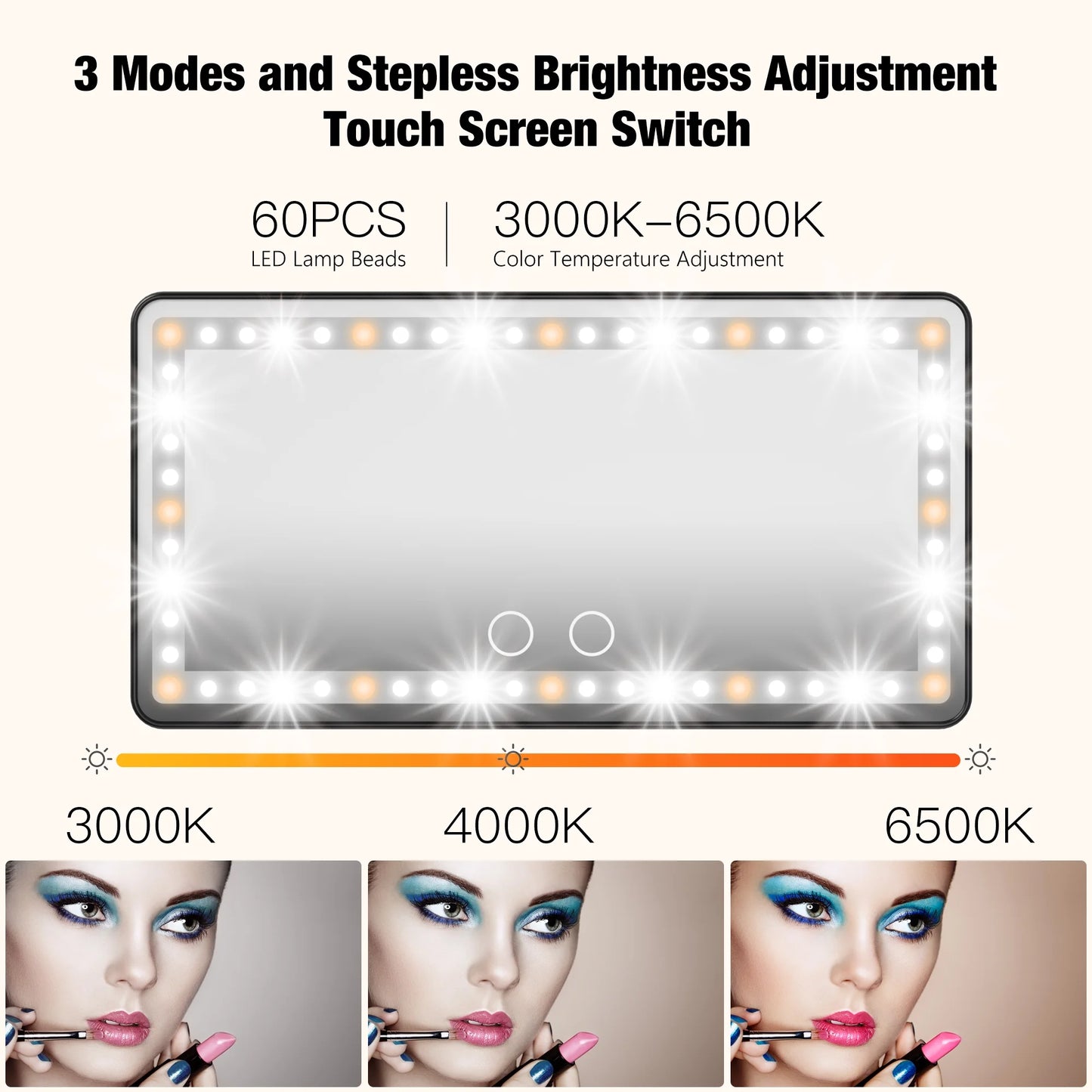 Car Visor Makeup Mirror, Touch Screen Dimmable, Rechargeable Makeup Mirror with 3 Light Modes, Universal Lighted Mirror for Cars