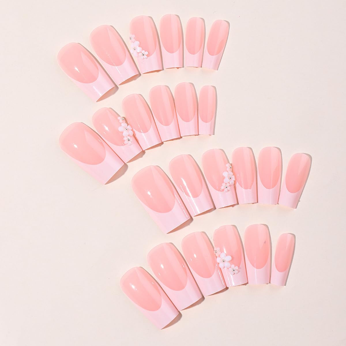 Short Medium Press on Nails French Tip Square Pink White Bare Nude Fake Nails Acrylic Gel Glue on Nails Floral Flower Fantasy Stick on Nails for Women False Nails Wedding Birthday