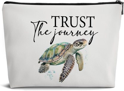 Sea Turtle Gifts for Women,Makeup Bag Gifts for Turtle Lovers,Trust the Journey Beach Leather Travel Makeup Pouch,Travel Organizer Pouch Small Makeup Bag for Purse