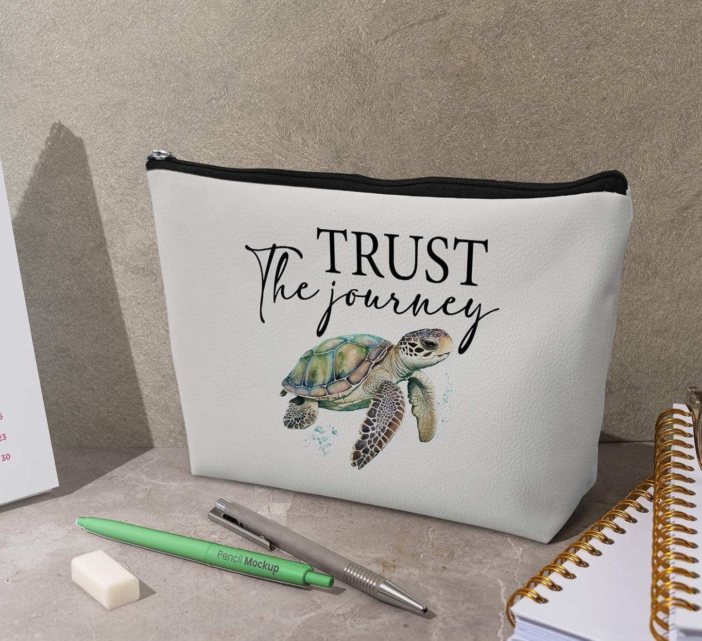 Sea Turtle Gifts for Women,Makeup Bag Gifts for Turtle Lovers,Trust the Journey Beach Leather Travel Makeup Pouch,Travel Organizer Pouch Small Makeup Bag for Purse