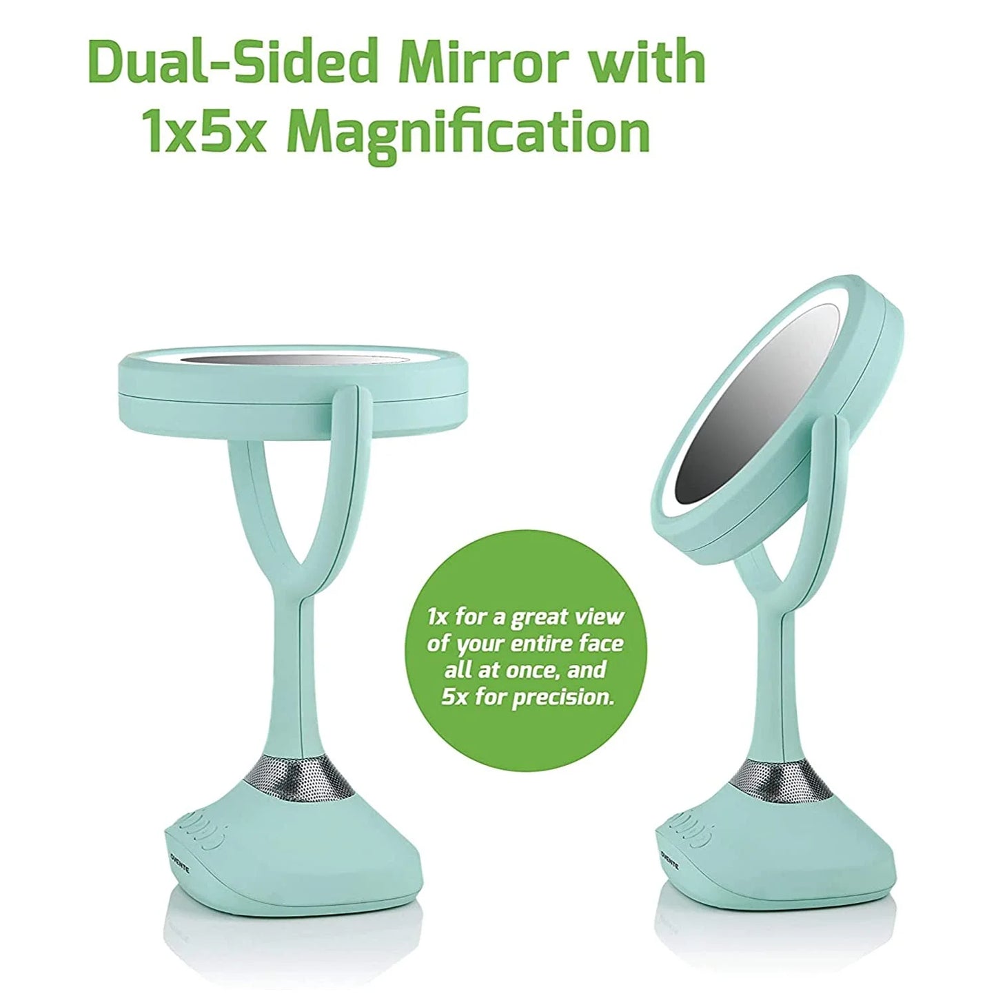 6" Lighted Tabletop Mirror, 1X & 5X Magnifier, Adjustable Spinning Double Sided round LED, Built-In Wireless Speaker and MP3 Audio, Rechargeable, USB Operated, Blue MRT06BL1X5X