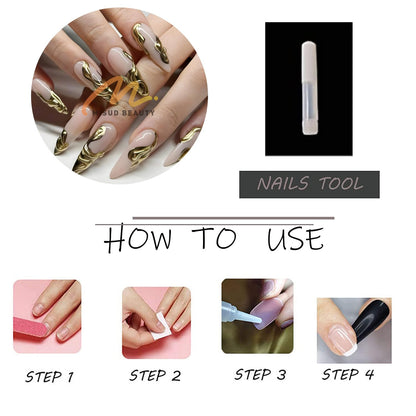 Press on Nails Long Stiletto Fake Nails Glossy Glue on Nails 3D Gold Chrome Acrylic Nails Almond Artificial Nails French Tip Stick on False Nails with Design 24 Pcs