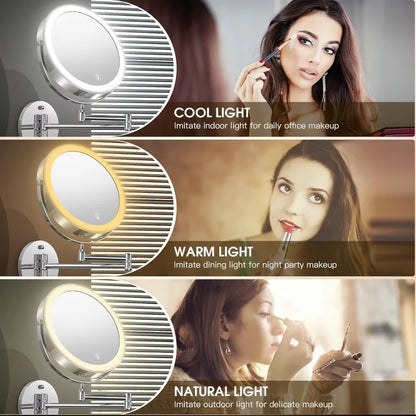 Wall Mounted Lighted Makeup Mirror, 8" Rechargeable Double-Sided Magnifying Mirror 1X/10X, 3 Colors Led, Touch Dimmable