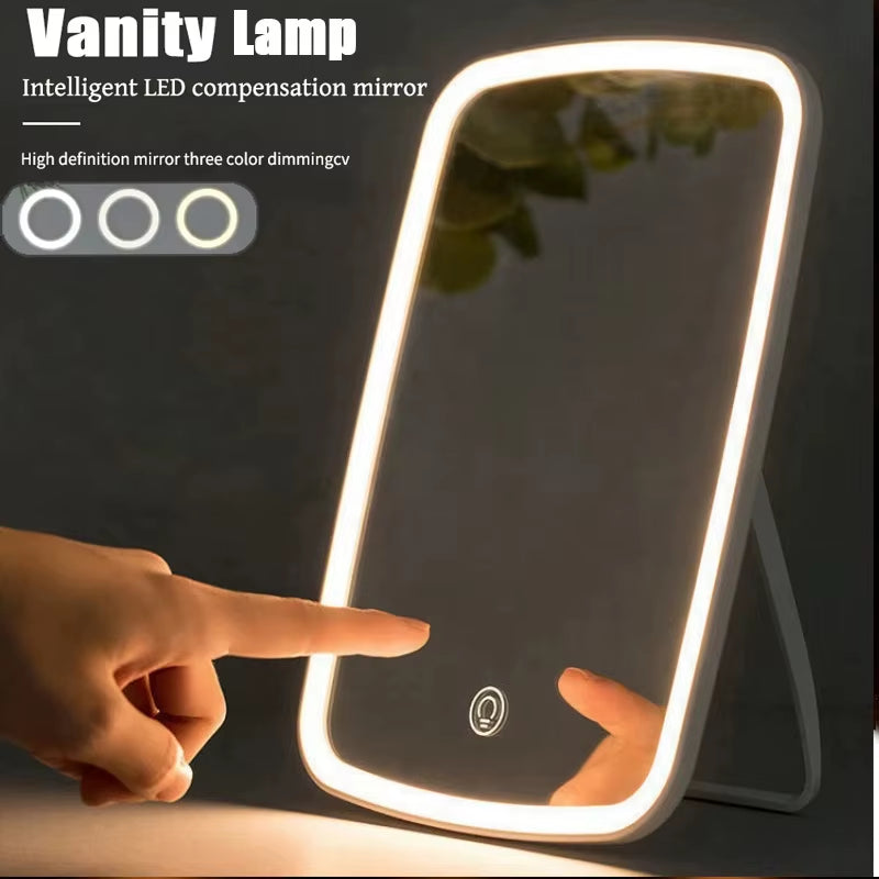 LED Portable Makeup Mirror with Light USB Rechargeable Touch Screen Dimming Makeup Mirror Ladies' Dormitory Beauty Vanity Mirror