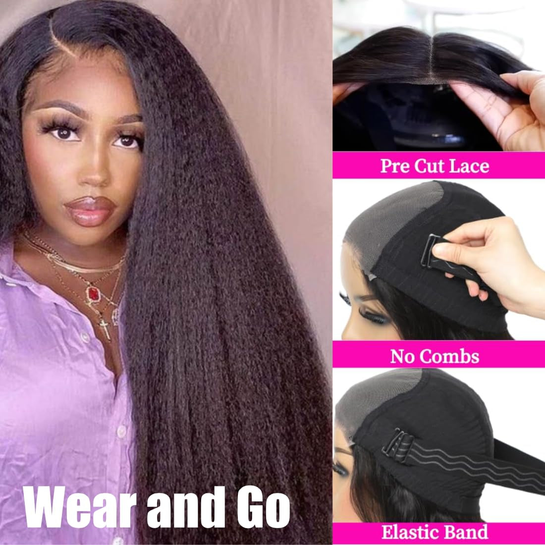 Wear and Go Glueless Wig 180% Density Kinky Straight 5X5 Hd Lace Closure Wigs Human Hair for Beginners Glueless Wigs Human Hair Pre Plucked Pre Cut Lace for Black Women Natural Color 30Inch