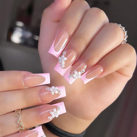 Short Medium Press on Nails French Tip Square Pink White Bare Nude Fake Nails Acrylic Gel Glue on Nails Floral Flower Fantasy Stick on Nails for Women False Nails Wedding Birthday