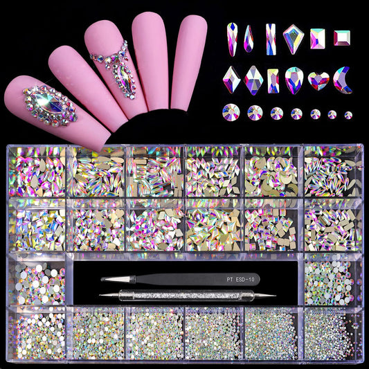 12 Types of 600 Crystal AB Diamonds + 2500 Flat Rhinestones Mix 20 Styles Flatback DIY Crafts Rhinestone Crystals 3D Decorations Flat Back Stones Set +Tweezers + Drill Pen