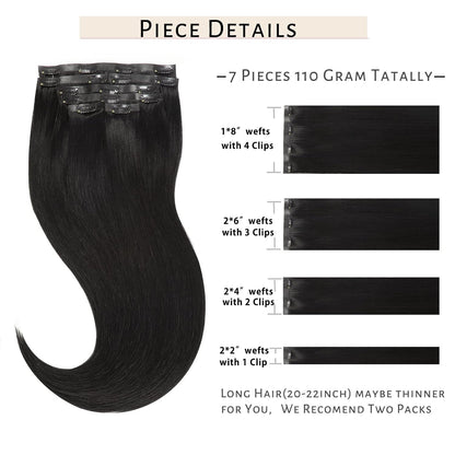 18Inch Jet Black Seamless Human Hair Extensions Ultra Invisible Skin Weft Clip Ins 7Pcs 110Gram Black Hair Extensions Remy Human Hair Full Head PU Clip on Straight Hair Extensions