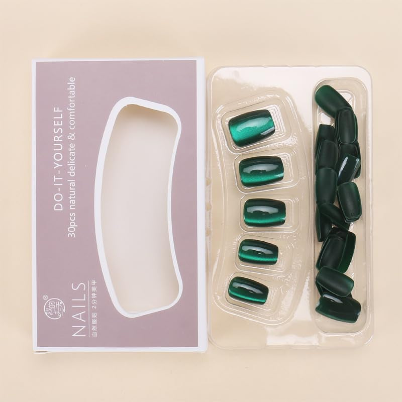 Dark Green Press on Nails Short Square Fake Nails Cat Eye Acrylic Nails Ombre Artificial Nails Glue on Nails Glossy Squoval False Nails Xmas Stick on Nails for Women 30Pcs