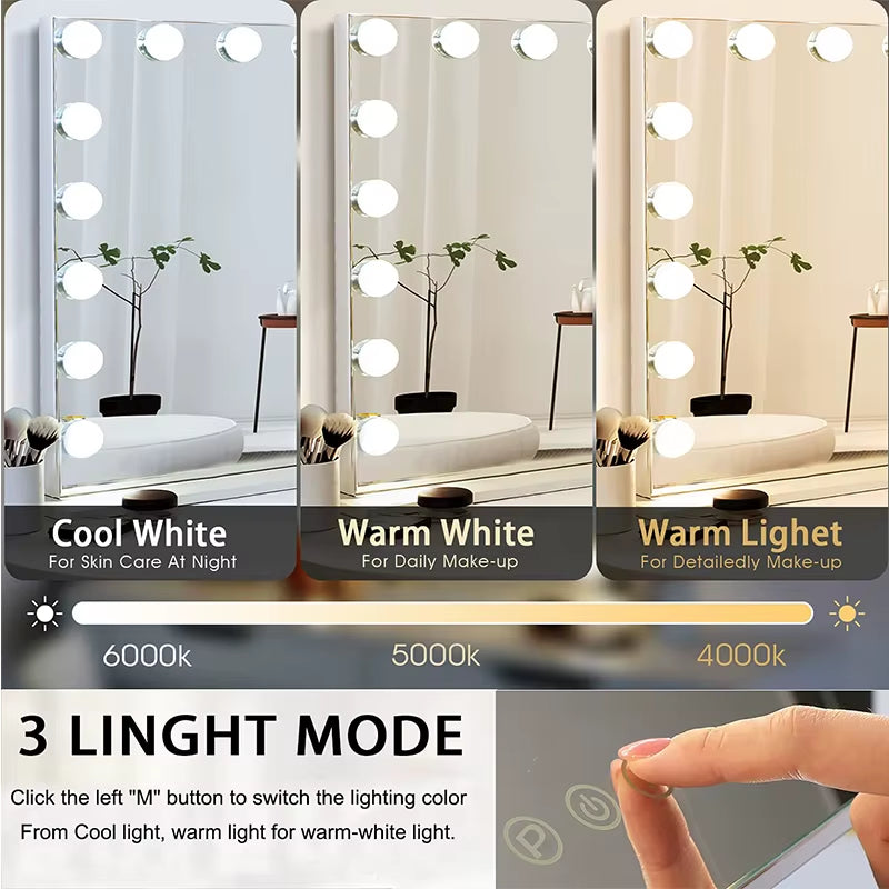 Makeup Mirror with Lights, Vanity Mirror with Lights, Lighted Makeup Mirror, 3 Color Modes, Dimmable Light,360° Rotation