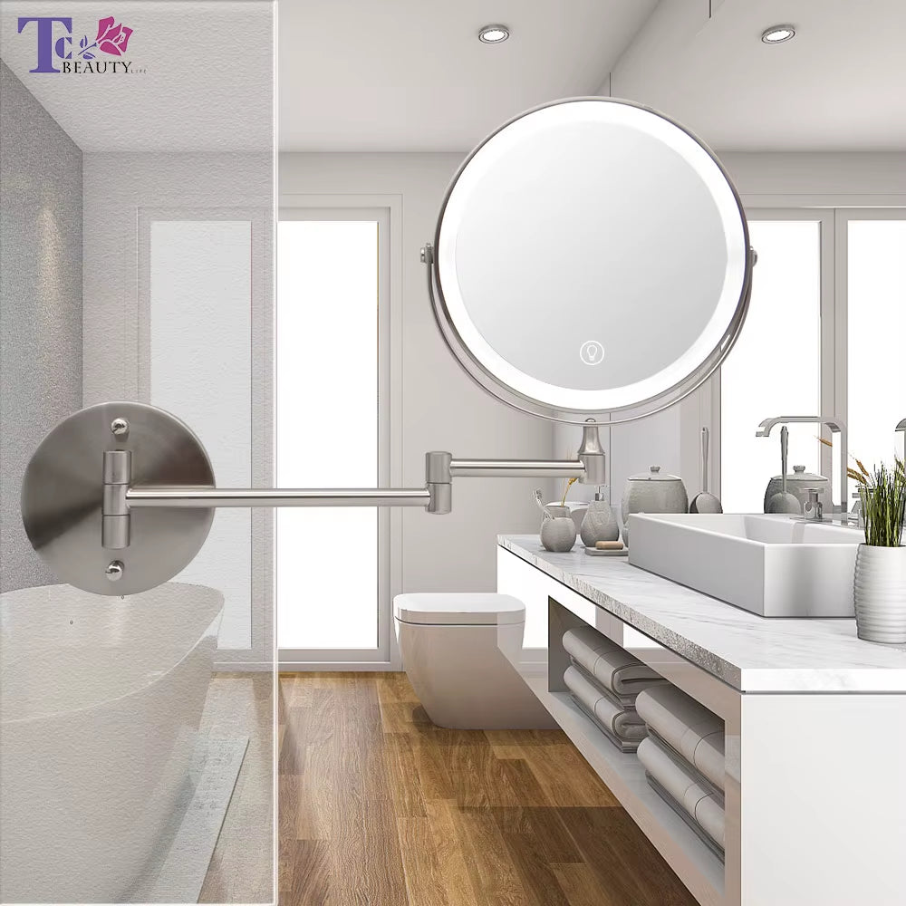 8 Inch Wall Mounted Bathroom Mirror Adjustable LED Makeup Mirror 10X Magnifying Touch Vanity Cosmetic Mirrors with Light