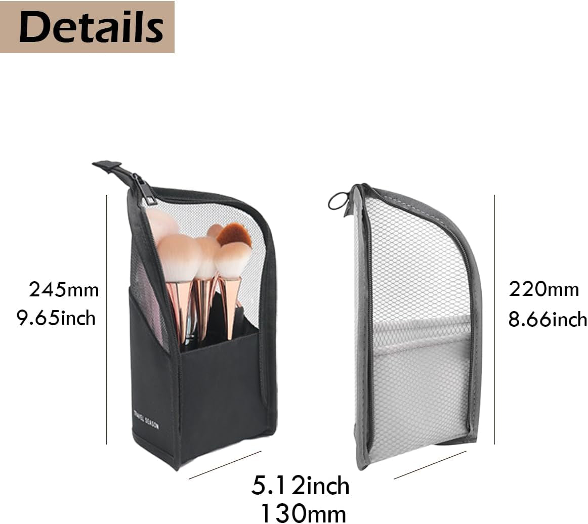 Makeup Brush Holder, Travel Makeup Brush Case Waterproof Toiletry Bag Stand-Up Makeup Organizer Mesh Cosmetic Bags with Zipper Grey