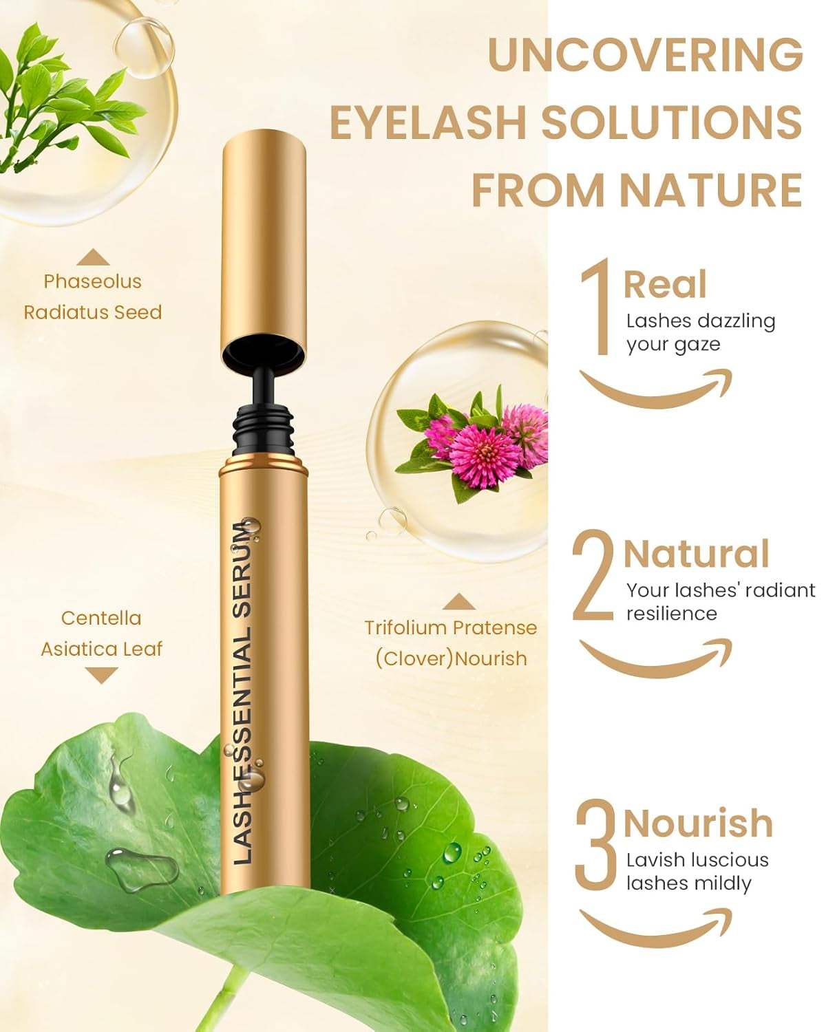 Eyelash Serum- Natural Comestic Eyelash Serum for Longer, Thicker Lashes & Brows, Boost Lash Serum Vegan & Cruelty-Free-Niacinamide, Centella Asiatica Leaf Extract(15 Ml Gold)