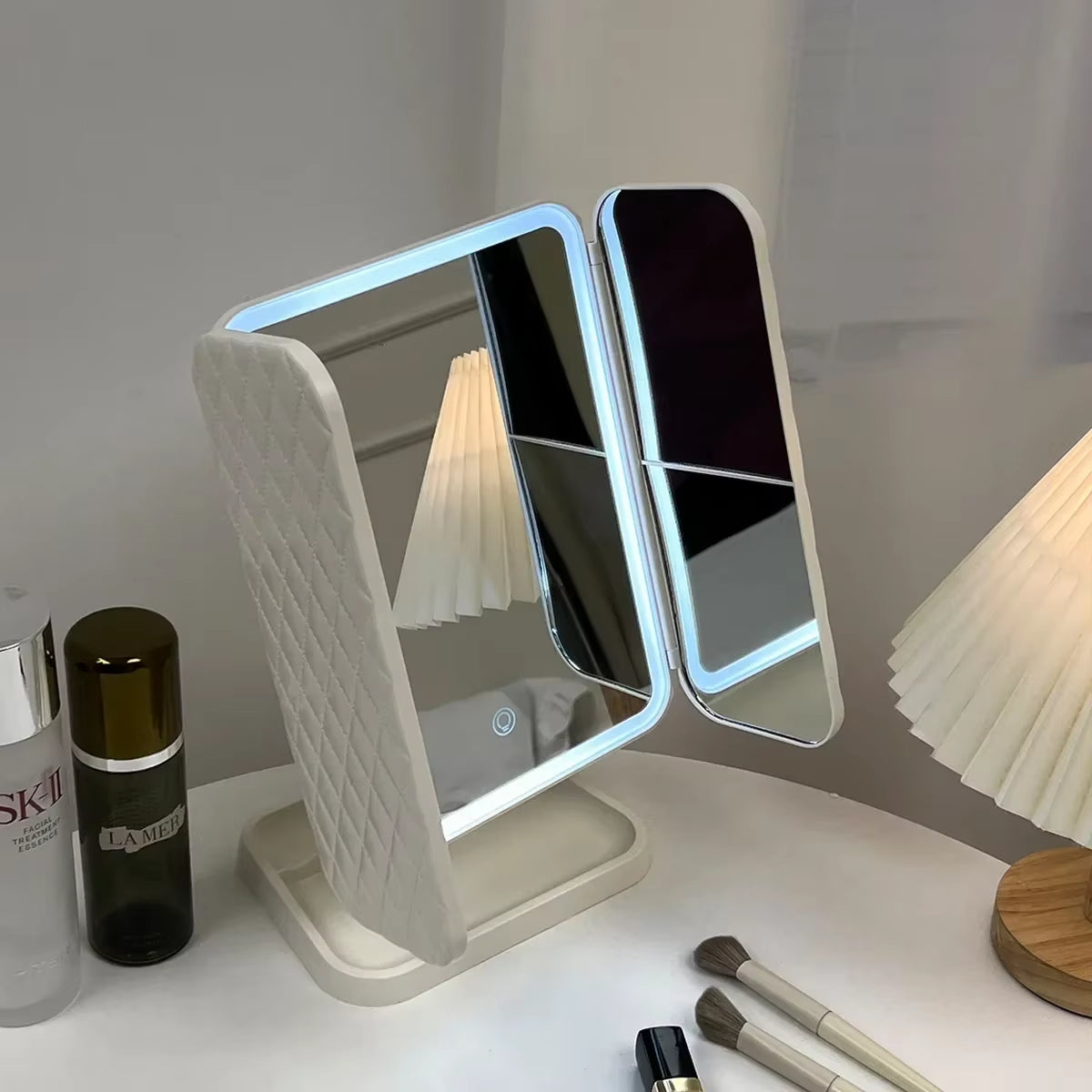 Trifold Makeup Mirror LED Lights Dorm Dressing Mirror Beauty Light up Your Fill Light with Smart Complementary Makeup Mirror Tri