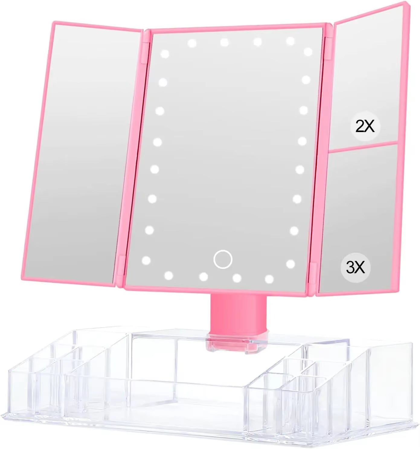 Makeup Mirror with Lights and Storage - 3X/2X Magnification, Tri-Fold Cosmetic Vanity Mirror with 24 Led Light, Touch Screen