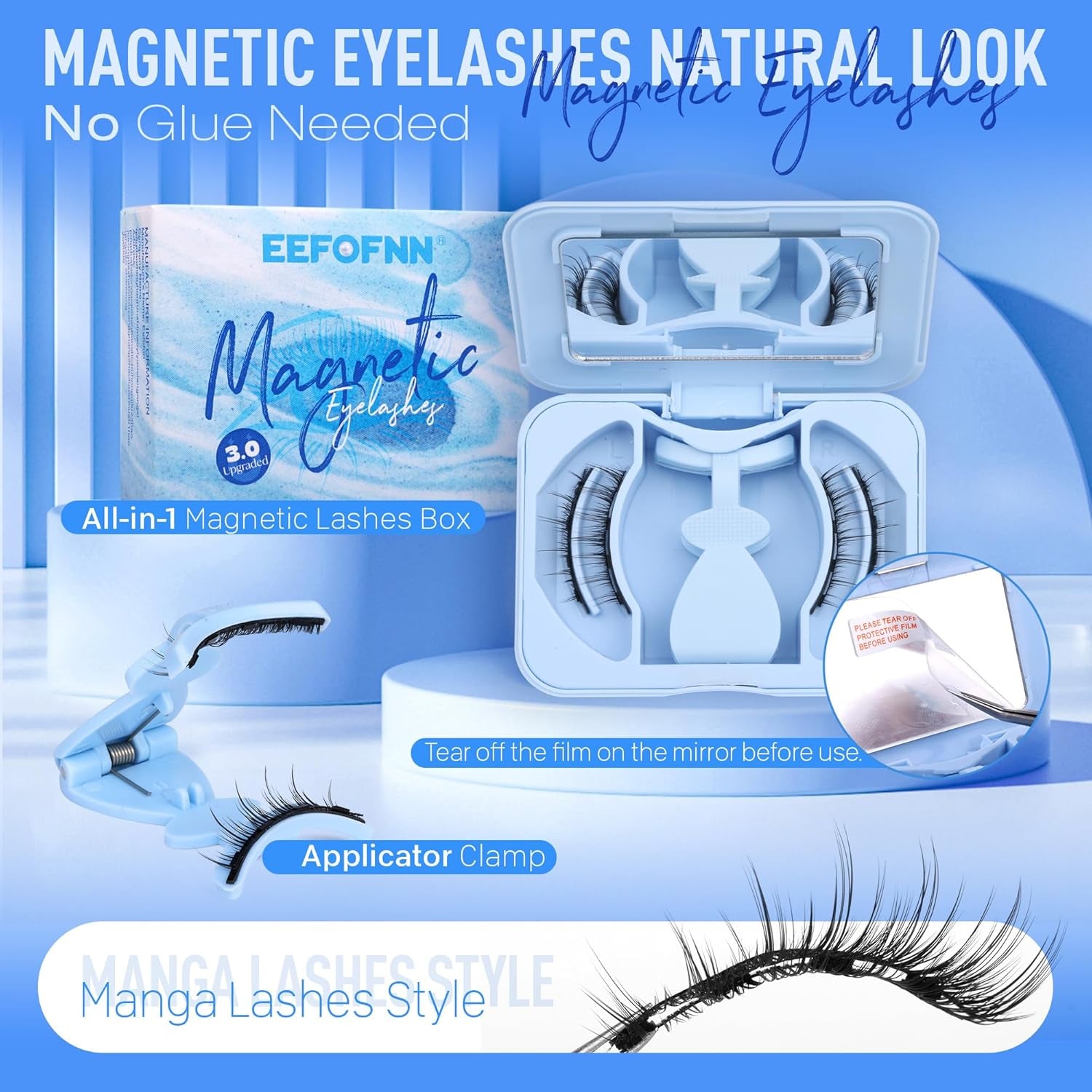 Magnetic Eyelashes with Applicator Magnetic Lashes Natural Look Reusable Manga Magnetic Eyelashes without Eyeliner Cat Eye False Eyelashes Magnetic Lashes with Clamp Kit No Glue Needed by