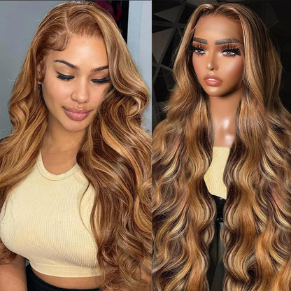 Ombre Lace Front Wig Human Hair 4/27 13X4 HD Body Wave Highlight Lace Front Wig Human Hair Pre Plucked with Baby Hair 180% Density Glueless Lace Front Wigs Human Hair 20Inch