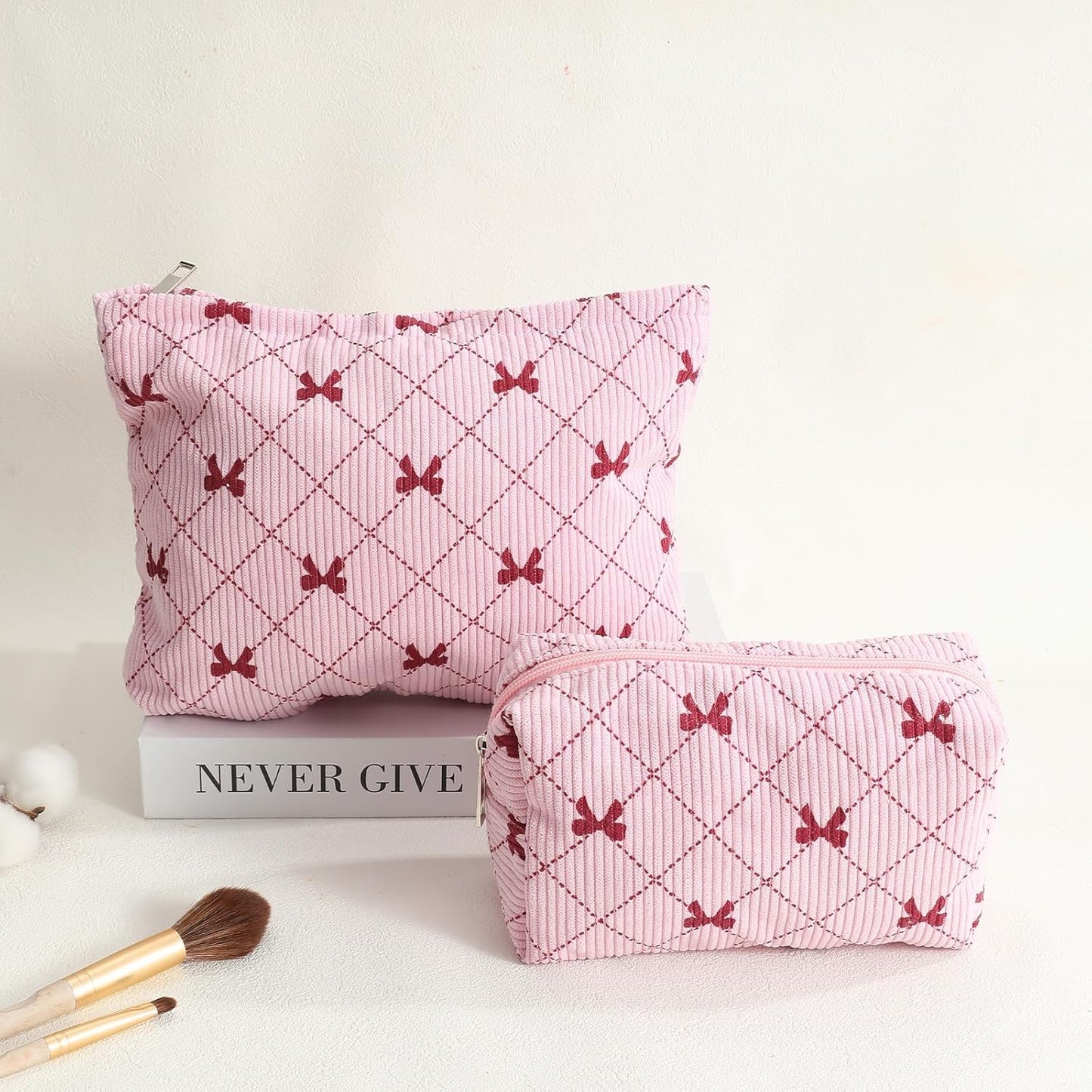 2PCS Cute Corduroy Makeup Bag for Women, Small Makeup Bag Set Travel Toiletry Bag Coquette Cosmetic Bag Bow Makeup Bag Portable Versatile Zipper Pouch-Pink