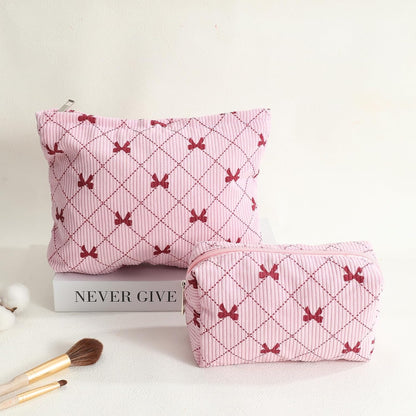 2PCS Cute Corduroy Makeup Bag for Women, Small Makeup Bag Set Travel Toiletry Bag Coquette Cosmetic Bag Bow Makeup Bag Portable Versatile Zipper Pouch-Pink