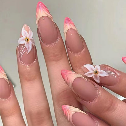 French Tip Press on Nails Almond - Press on Nails Medium, Acrylic Fake Nails Nude 3D Flower Design Nails Clear False Nail Tips-24Pcs