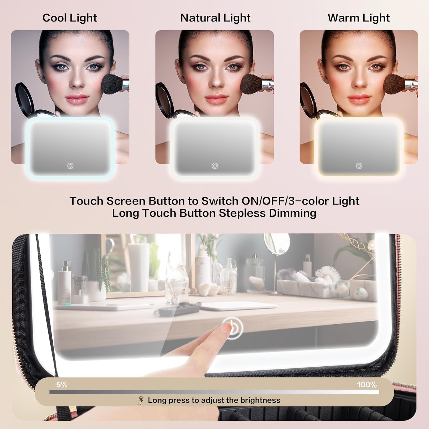 15''X11'' Large Capacity Makeup Bag with LED Mirror, Professional Makeup Case Organizer with 3 Color Light Adjustable Brightness, Travel Make up Cosmetic Case with Detachable Dividers & Shoulder Strap