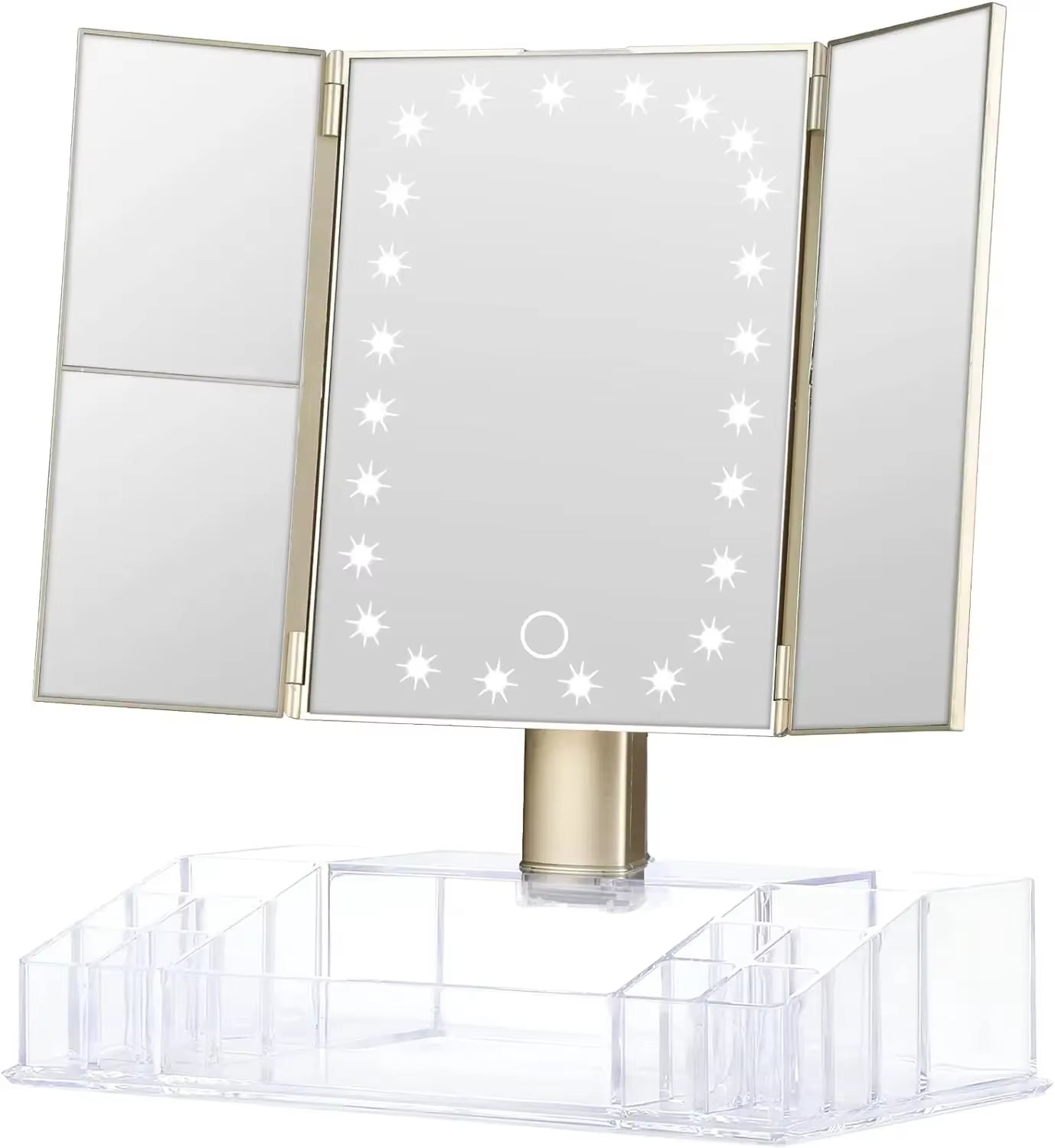 Makeup Mirror with Lights and Storage - 3X/2X Magnification, Tri-Fold Cosmetic Vanity Mirror with 24 Led Light, Touch Screen