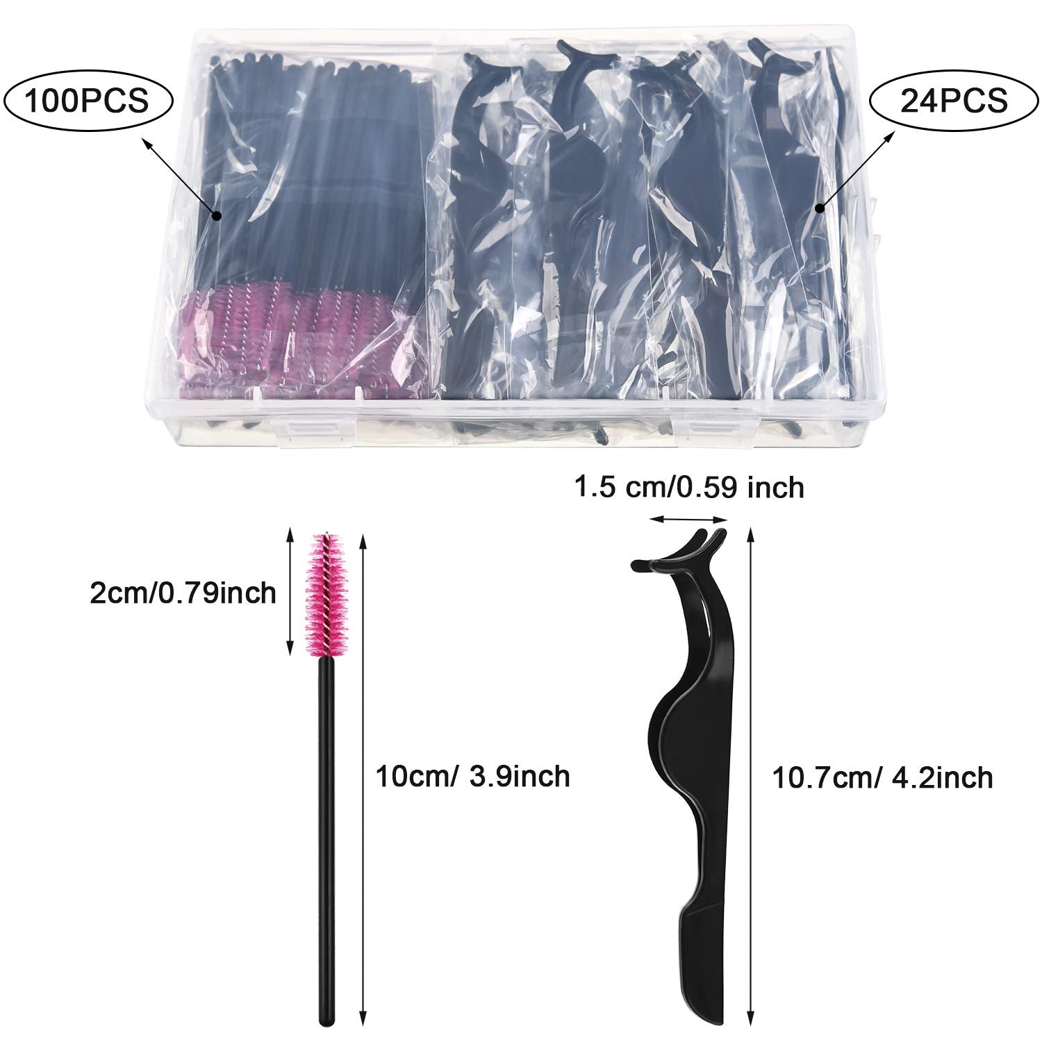 24 Pieces Plastic Eyelash Extension Tweezers False Eyelash Applicator Tool Eyelash Auxiliary Clip and 105 Pieces Eyelash Brush Mascara Wands Applicator for Eyelash Application (Black)