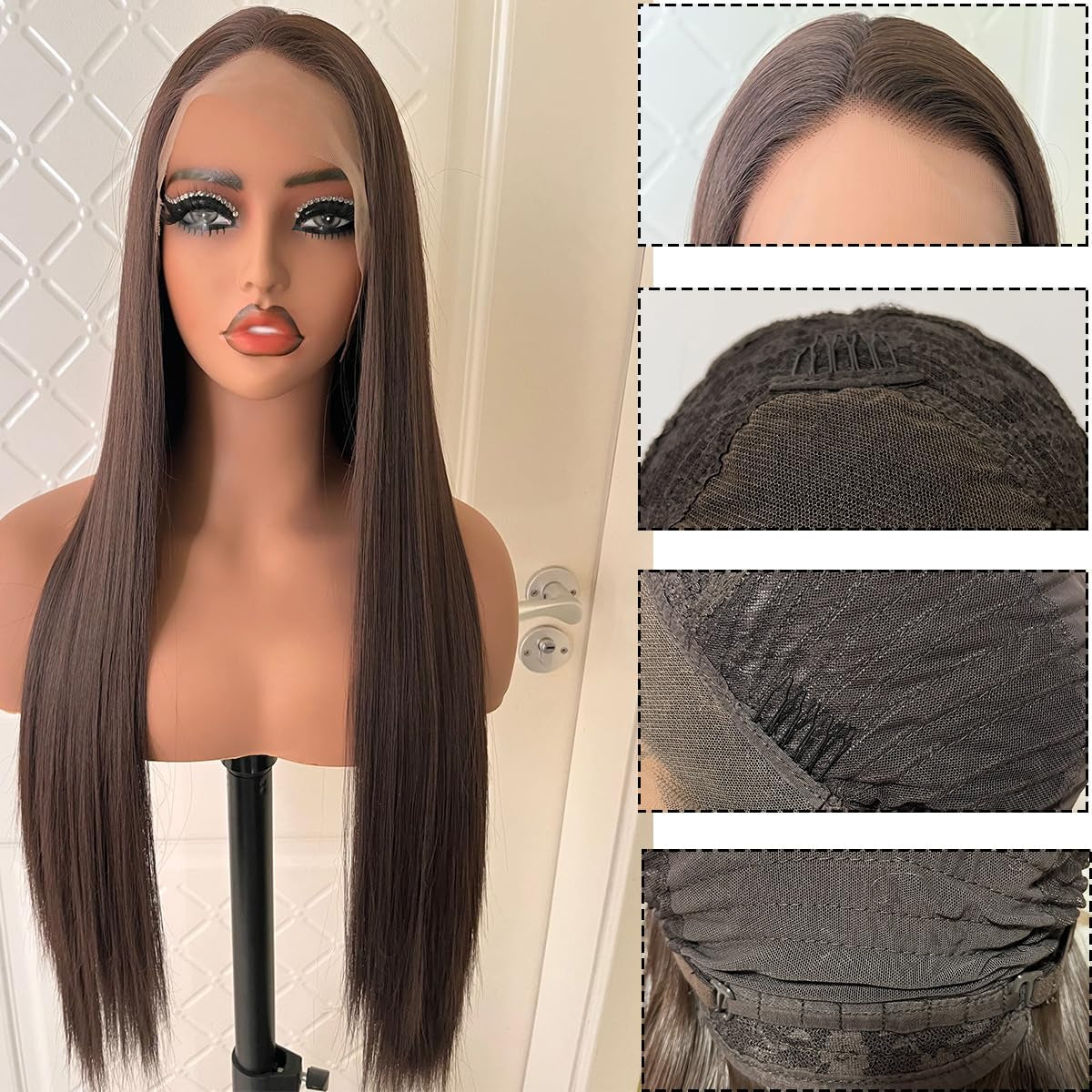 Synthetic Lace Front Auburn Wig Pre Plucked Dark Brown Glueless Wigs for Black Women Long Straight Wig with Natural Hairline 24Inch