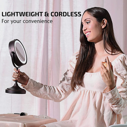 7'' Lighted Tabletop Makeup Mirror, 1X & 7X Magnifier, Spinning Double Sided round LED, Great for Vanity, Bath, & Bedroom, Battery Powered, Antique Bronze MCT70ABZ1X7X