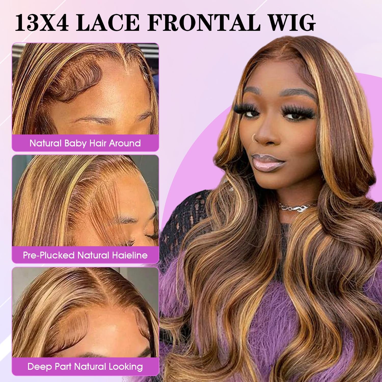 Ombre Lace Front Wig Human Hair 4/27 13X4 HD Body Wave Highlight Lace Front Wig Human Hair Pre Plucked with Baby Hair 180% Density Glueless Lace Front Wigs Human Hair 20Inch