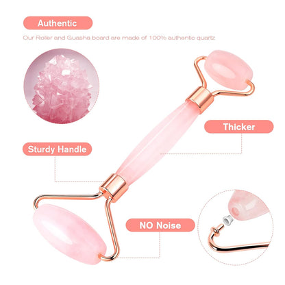 Jade Roller and Gua Sha Set - anti Aging Rose Quartz Face Roller Massager & Guasha Tool for Face, Eye, Neck - Natural Beauty Skin Care Tools Body Muscle Relaxing Relieve Wrinkles (Pink)