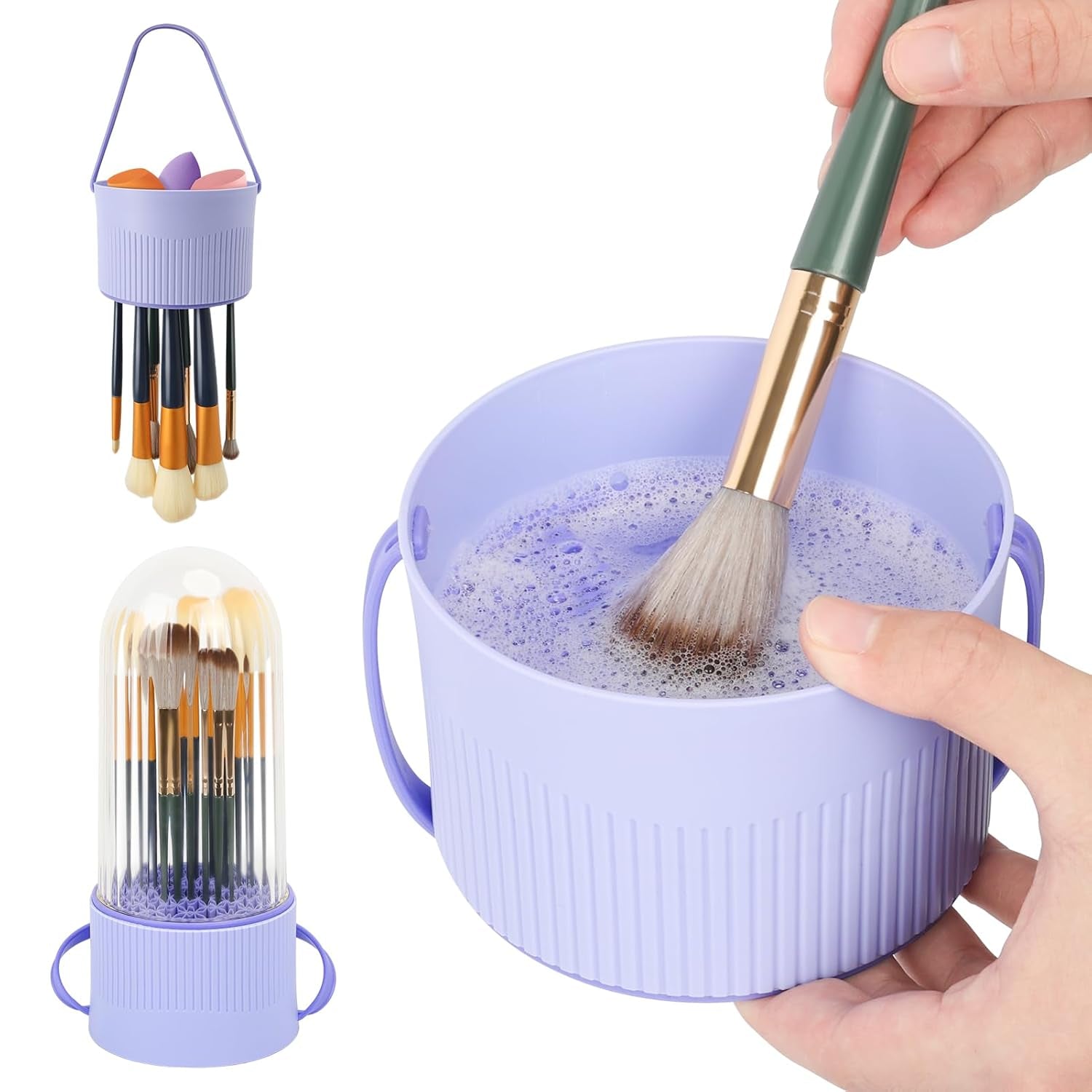 Makeup Brush Cleaner - 3 in 1 Silicone Makeup Brush Cleaner Mat, Makeup Brush Holder Organizer, Cosmetic Brush Dryer for Brushes, Powder Puffs, Sponges (Purple)