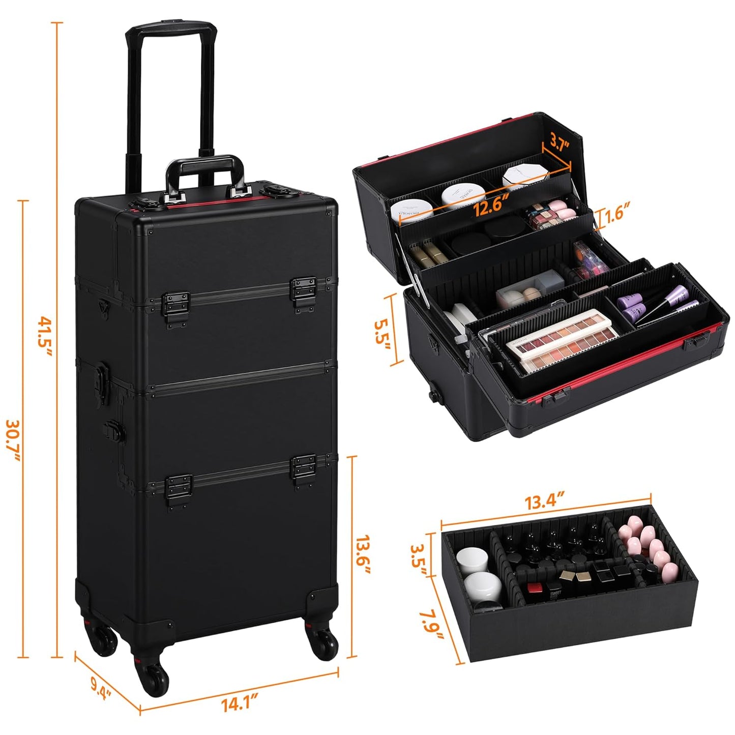 Makeup Train Case 3 in 1 Professional Cosmetic Trolley Multi-Functional Organizers Large Storage Traveling Cart Trunk for Nail Tech - Black