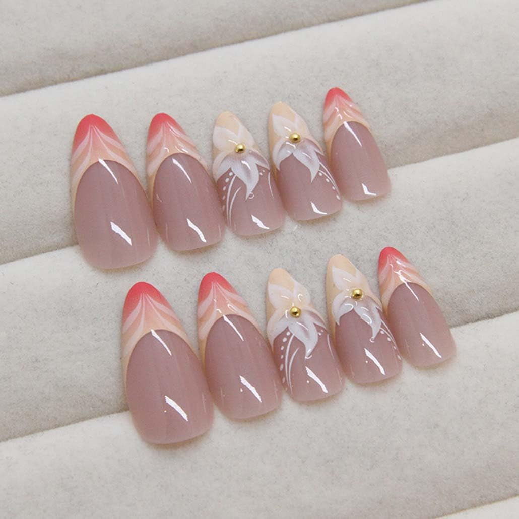 French Tip Press on Nails Almond - Press on Nails Medium, Acrylic Fake Nails Nude 3D Flower Design Nails Clear False Nail Tips-24Pcs