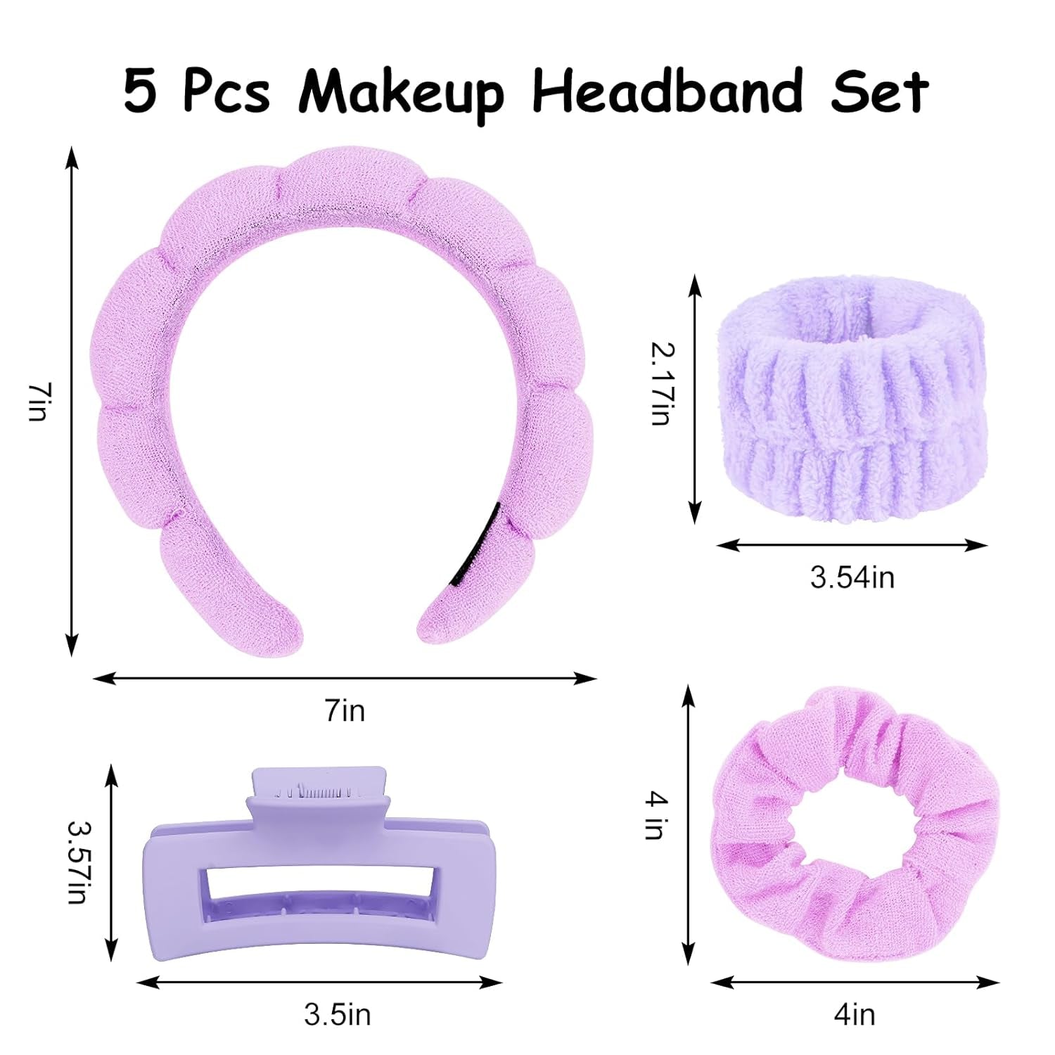 Purple Spa Headband and Wristband Set Makeup Spa Headband for Washing Face Bubble Skin Care Headbands Face Wash Sponge Puffy Headband Head Bands Hair Accessories for Women Girls