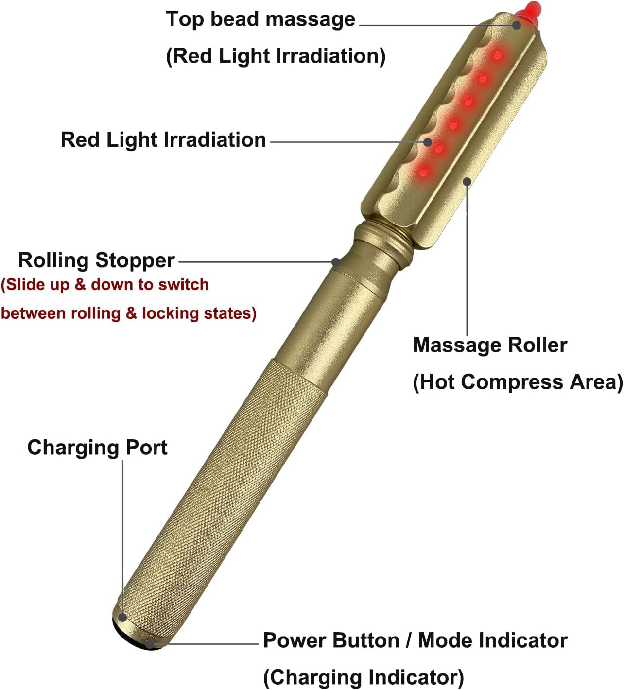 Muscle Roller with Red Light Therapy, Massage Roller Stick for Relieving Muscle Soreness Cramping Tightness, Help Legs Back Joints Recovery, the Top Part Tones the Tendons