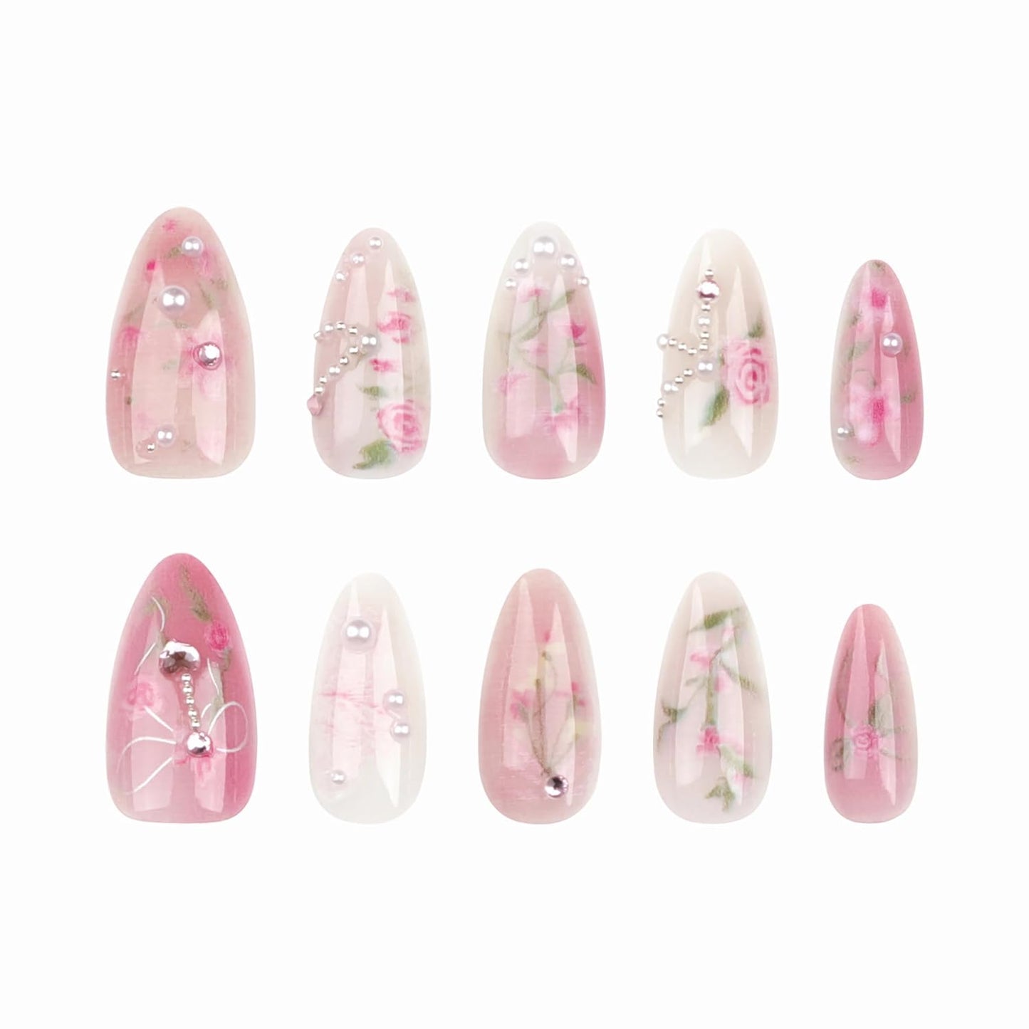 Almond Press on Nails Medium Fake Nails Pink Glue on Nails Flower Heart Charm Design Acrylic Nails 24Pcs Coquette Handmade False Nails