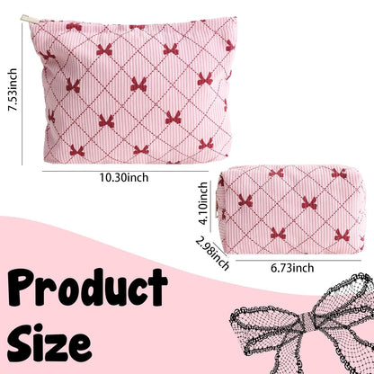 2PCS Cute Corduroy Makeup Bag for Women, Small Makeup Bag Set Travel Toiletry Bag Coquette Cosmetic Bag Bow Makeup Bag Portable Versatile Zipper Pouch-Pink