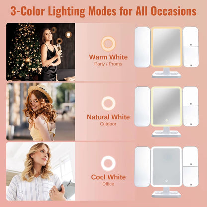 Trifold Makeup Mirror LED Lights Dorm Dressing Mirror Beauty Light up Your Fill Light with Smart Complementary Makeup Mirror Tri