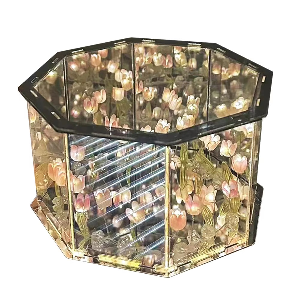 DIY LED Tulip/Rose Mirror Night Light Magic Cube Mirror Handmade Cube Lamp Atmosphere Night Light Simulation Flower for Bedroom