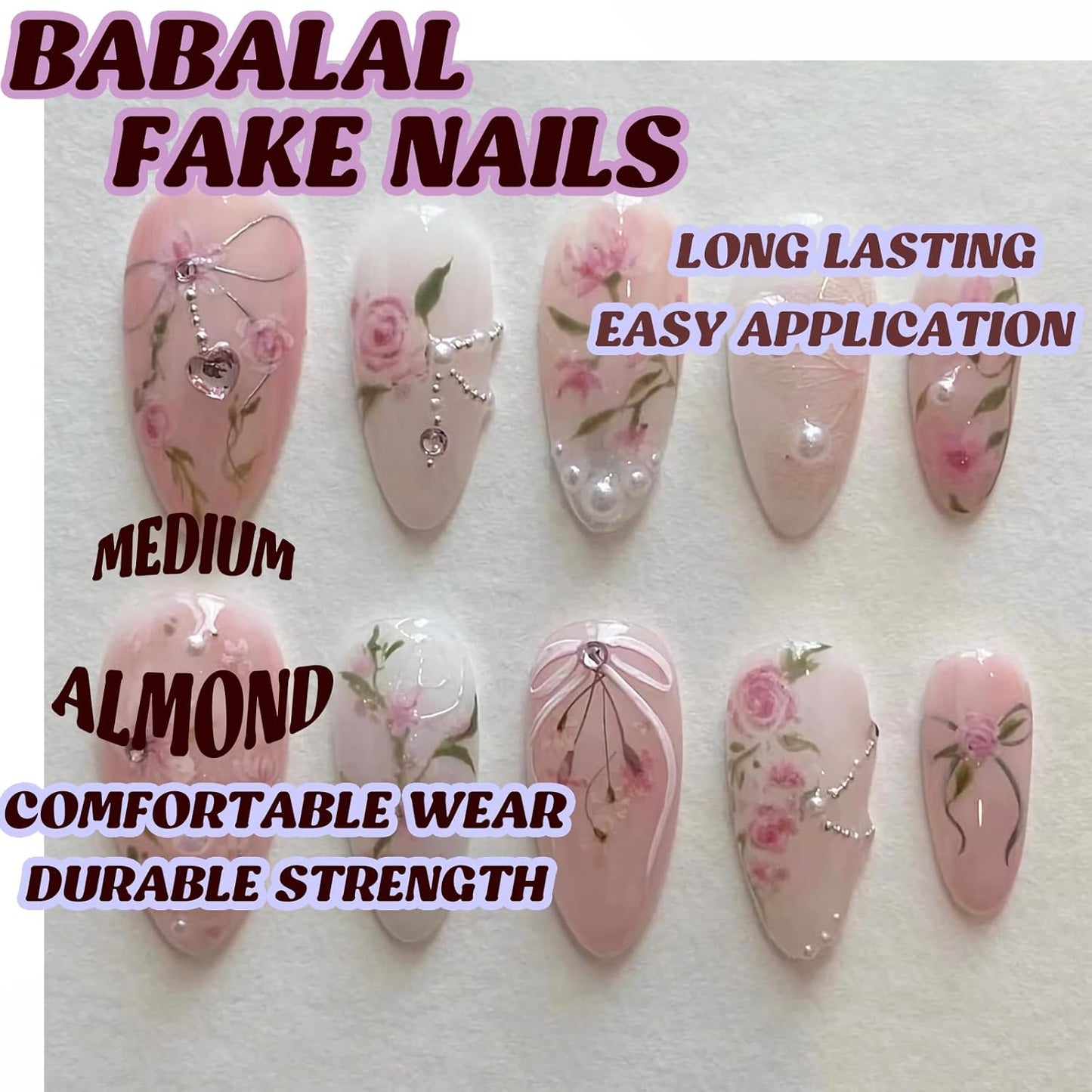 Almond Press on Nails Medium Fake Nails Pink Glue on Nails Flower Heart Charm Design Acrylic Nails 24Pcs Coquette Handmade False Nails