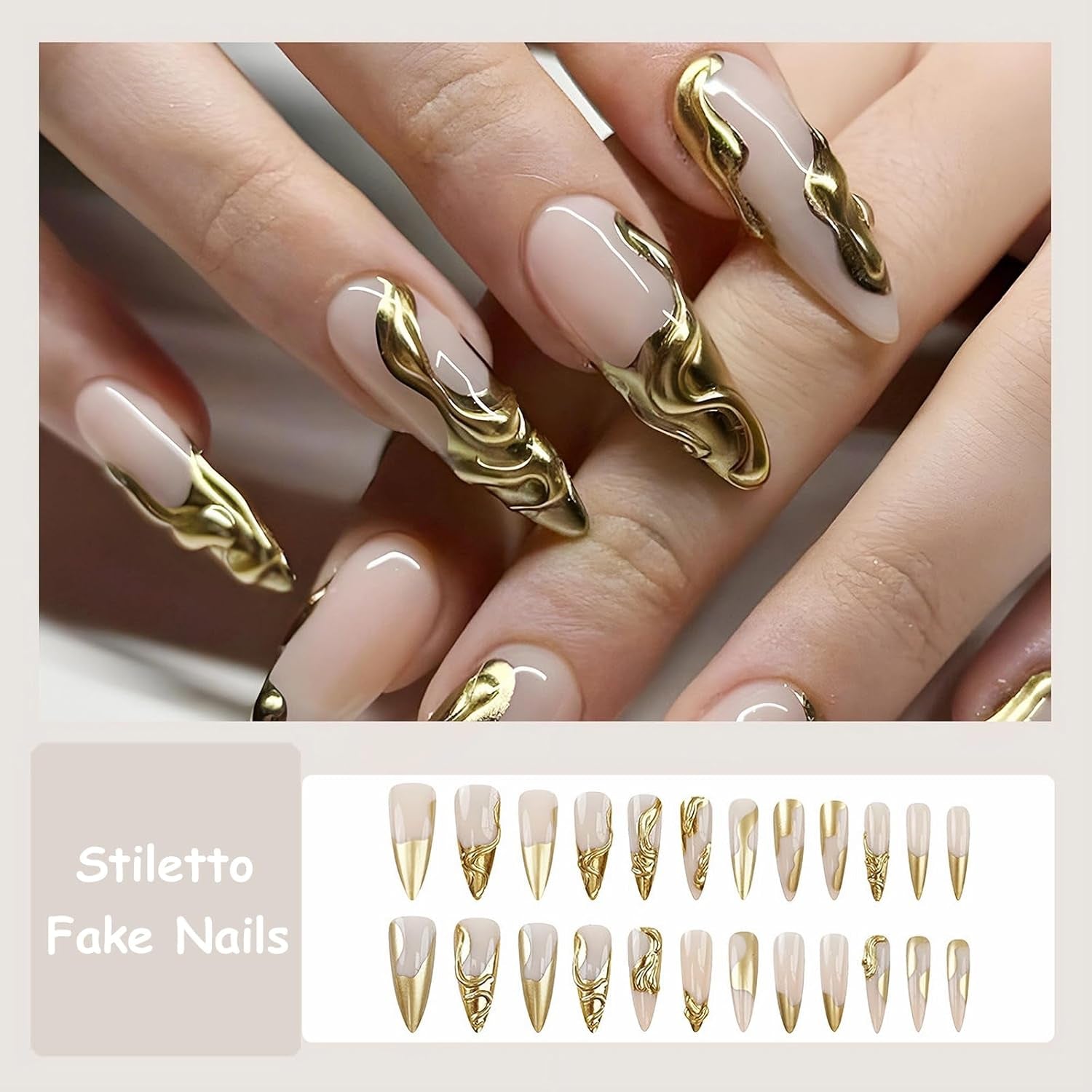 Press on Nails Long Stiletto Fake Nails Glossy Glue on Nails 3D Gold Chrome Acrylic Nails Almond Artificial Nails French Tip Stick on False Nails with Design 24 Pcs