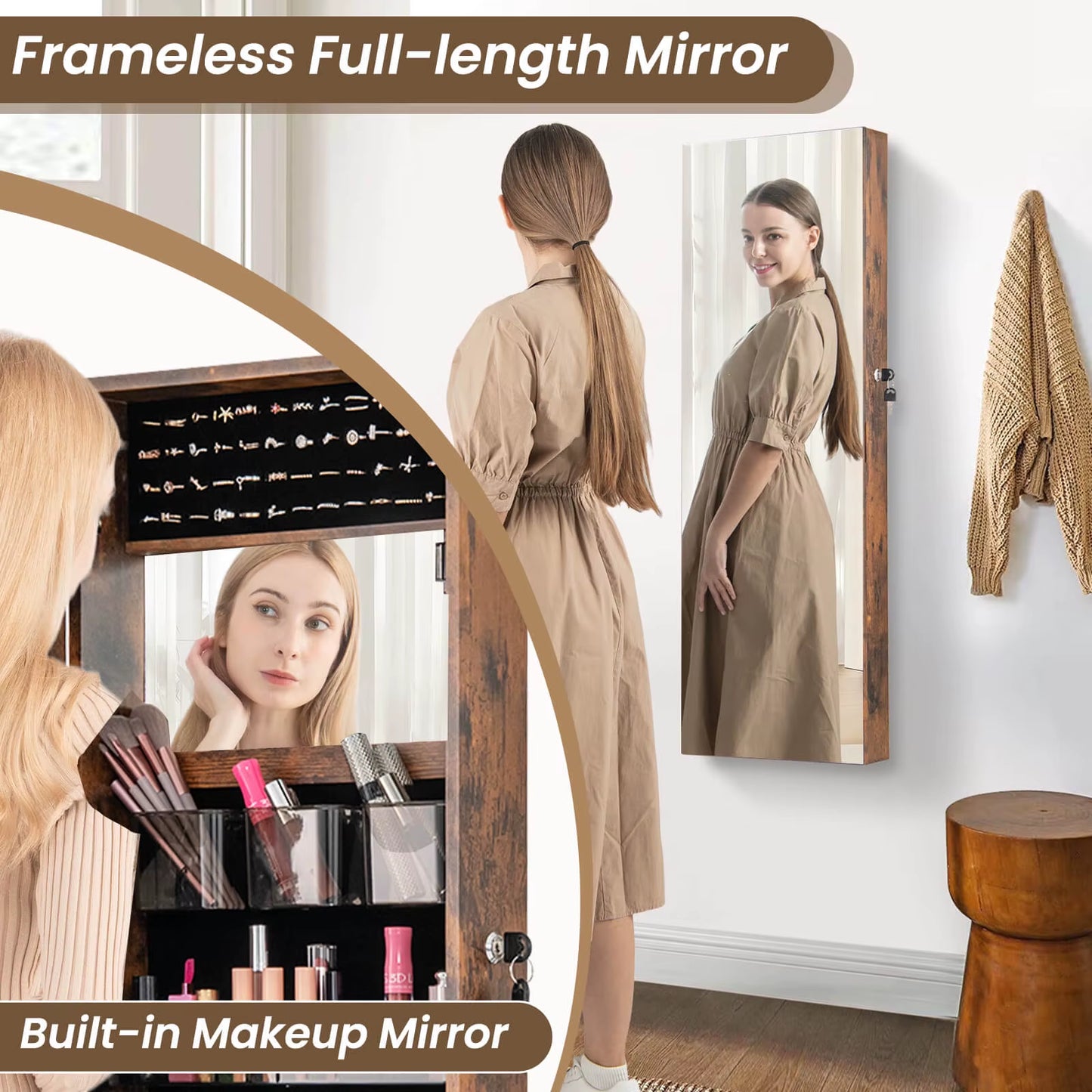 43.5" Jewelry Mirror Cabinet W/ Full-Length Mirror & Interior Makeup Mirror