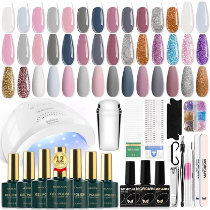 Gel Nail Polish Kit: 12 Colors Gel Nail Polish Set with U V/LED Light Nude Pink Blue Haze Gel Polish Nail Art Decorations Manicure Tools DIY Salon Home Gifts