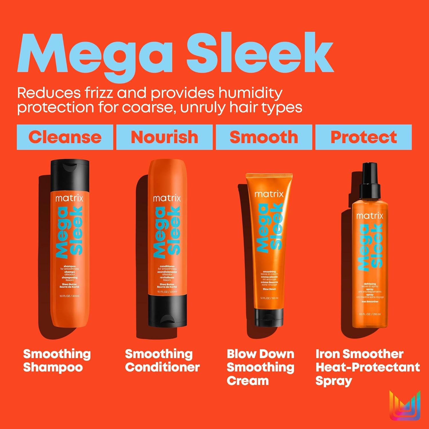 Mega Sleek Shampoo and Conditioner Set - Smoothing, Anti-Frizz, Detangling, for Dry, Damaged & Frizzy Hair, Nourishes with Shea Butter, Vegan