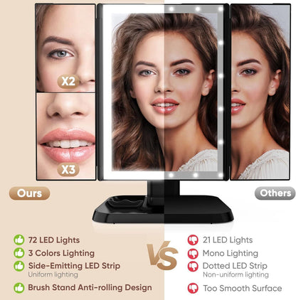 Makeup Mirror Vanity Mirror with Lights - 3 Color Lighting Modes 72 LED Trifold