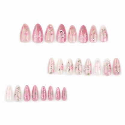 Almond Press on Nails Medium Fake Nails Pink Glue on Nails Flower Heart Charm Design Acrylic Nails 24Pcs Coquette Handmade False Nails