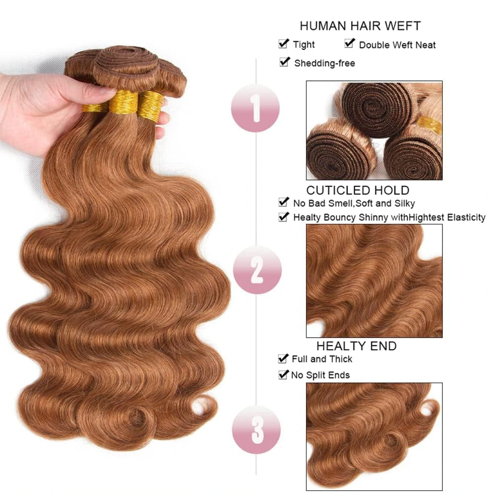 Body Wave 30# Light Brown Human Hair Bundles Unprocessed Brazilian Virgin Hair Bundles Natural Color 30# Light Brown Human Hair Quick Weave Hair Extension