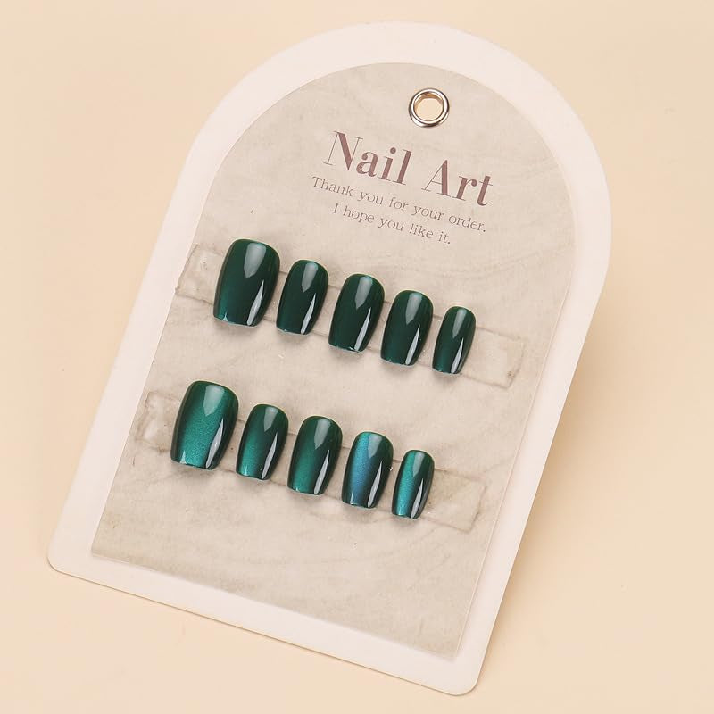 Dark Green Press on Nails Short Square Fake Nails Cat Eye Acrylic Nails Ombre Artificial Nails Glue on Nails Glossy Squoval False Nails Xmas Stick on Nails for Women 30Pcs